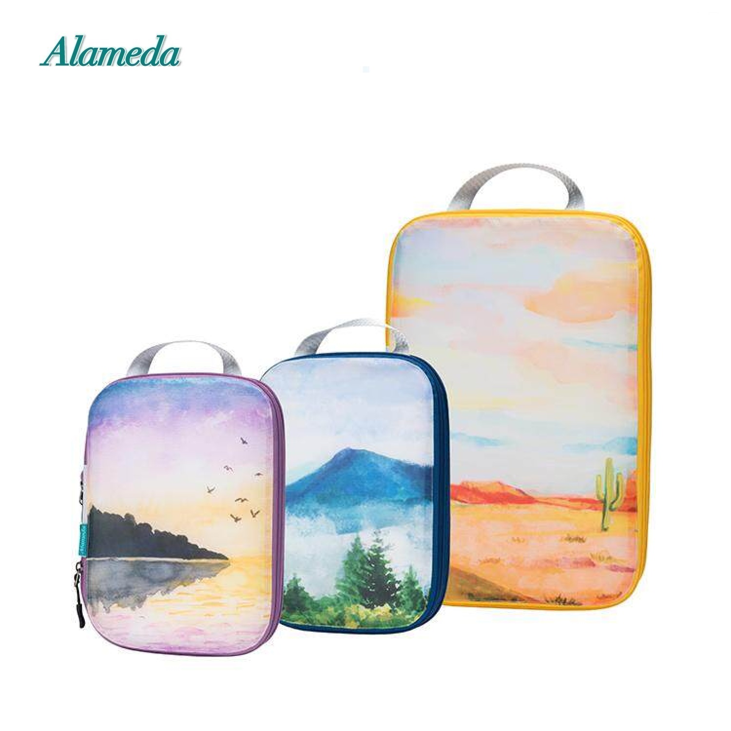 Compression Packing Cube Set for Hand Luggage 3 Pieces Set Travel Compression Bags Travel Organizer with Laundry Bagfor Luggage and Backpack（landscape A ）