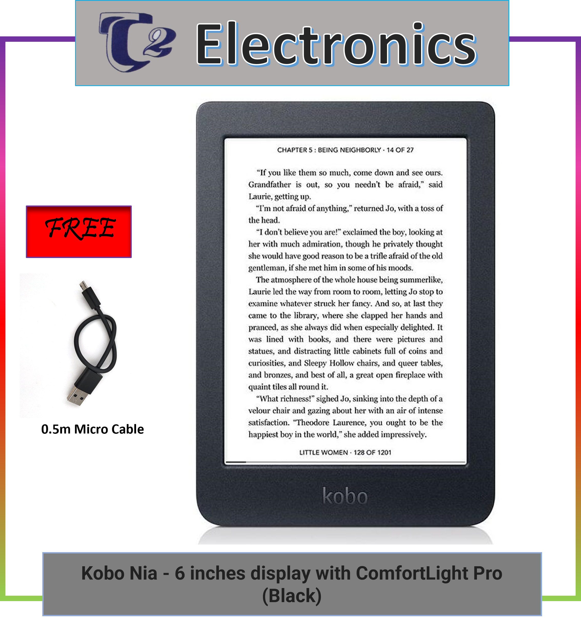 [eReader] Kobo Nia **Free 1m Micro Cable** - 6 inches display with ComfortLight Pro - T2 Electronics