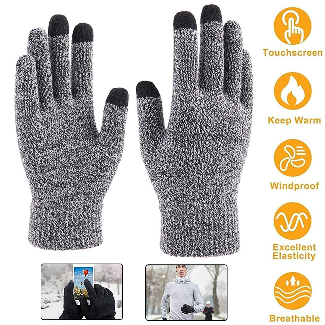 1 Pair Winter Touch Screen Gloves Elastic Cuff Fleece Lined Warm Knit Gloves Men and Women Add Velvet Padded Gloves Outdoor Driving Cold-proof Full Finger Glove