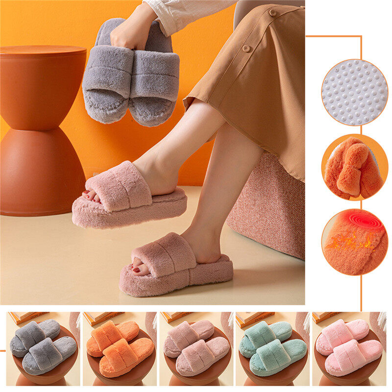 Home Slippers Solid Color Winter Plush Warm Flat Home Shoes Soft Shoes Open Toe Indoor Slippers