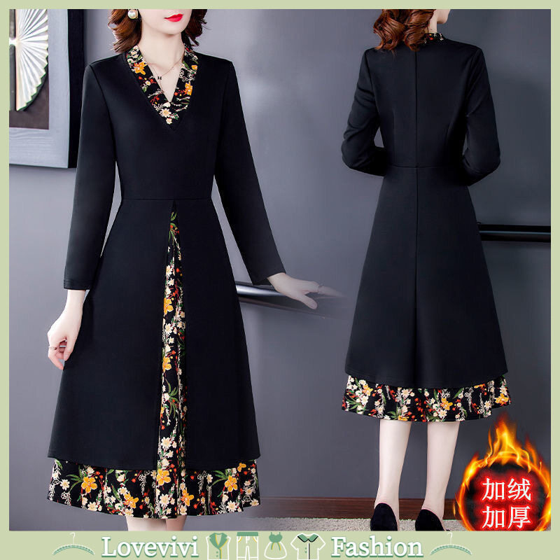 Women V Neck Slim Fit Dress Fashion Floral Printing Long Sleeves Midi Skirt Winter Fleece Lined Thickened Dress